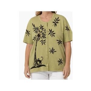 CST Sport Top Womens Size 1X Short Sleeve Sweater Green Button Up Monkey Sequins